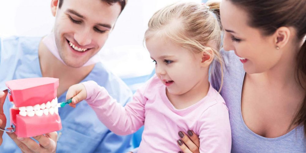 Young girl brushing model teeth held up by young Stoney Creek dentist